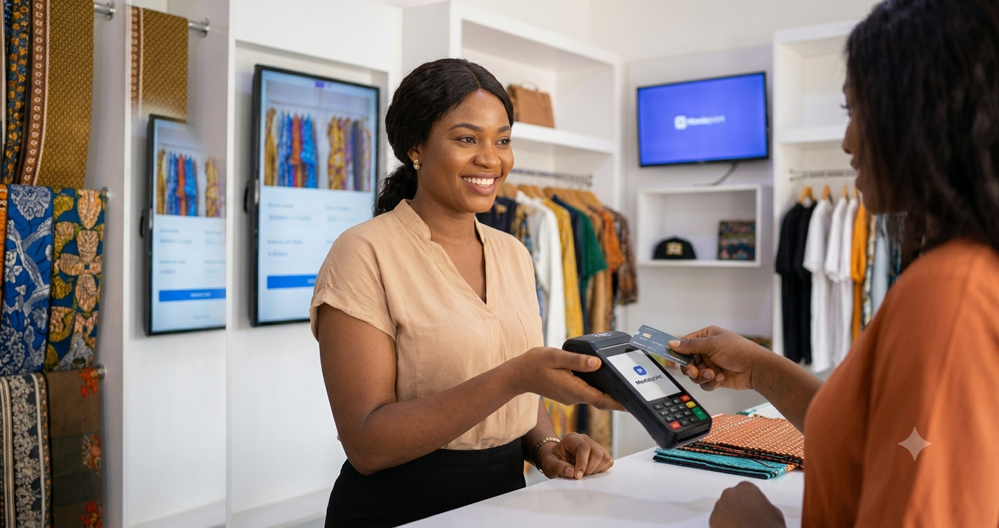 A Nigerian business owner is processing a customer payment using a modern POS terminal to support a cashless system. Best POS Systems for Nigerian Businesses.