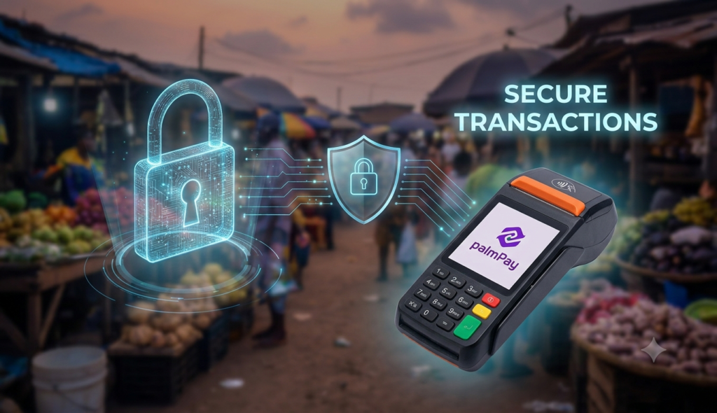 Illustration of digital security features, encryption, and fraud monitoring protecting Nigerian business transactions.