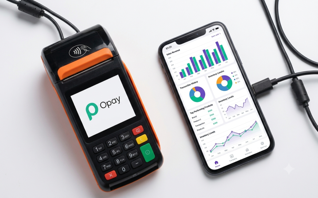 Modern POS terminal displayed next to a smartphone showing business analytics and sales reporting software.