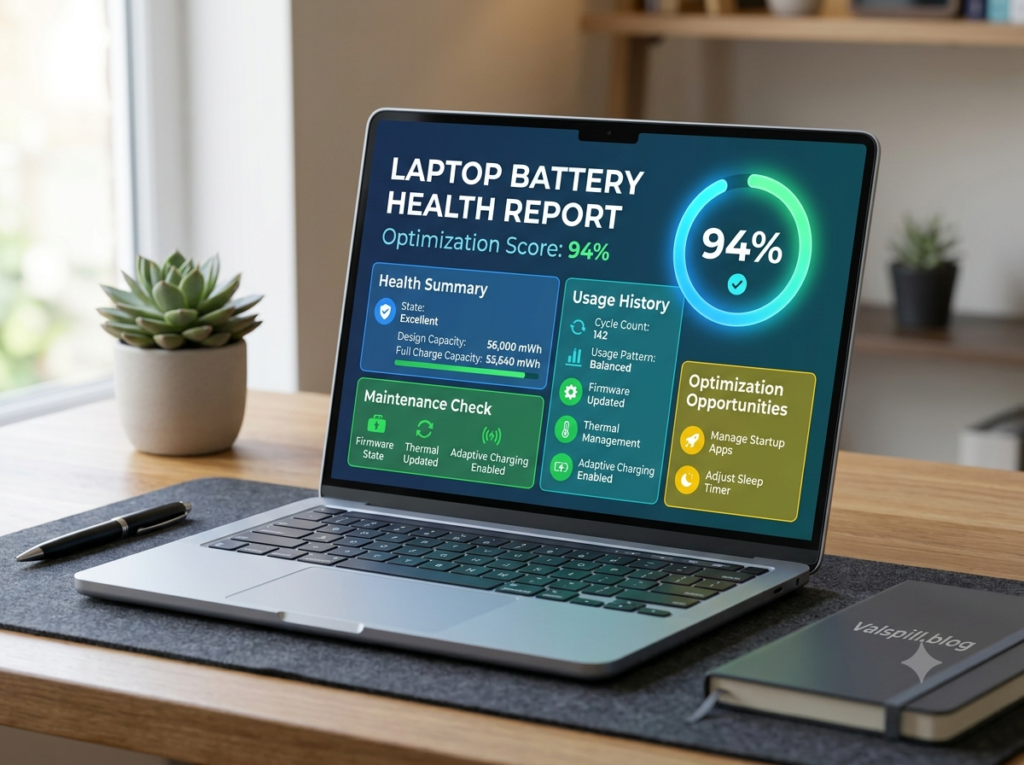 Stylized illustration of a laptop displaying a Battery Health Report with a high efficiency score, representing optimization.