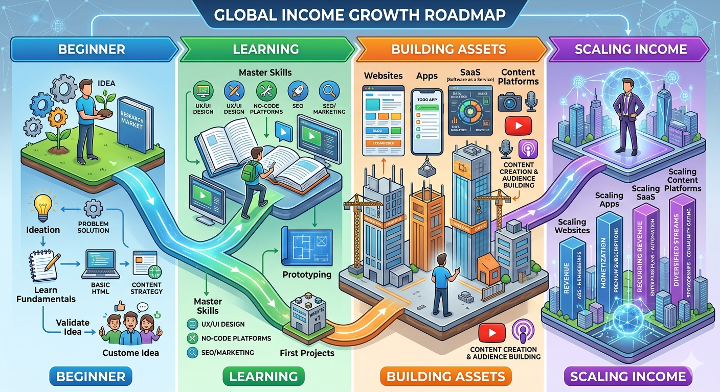 Technology career growth path from learning skills to building digital assets and scaling income