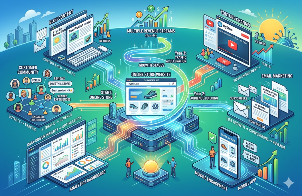 E-commerce store becoming a digital asset with website content and online business growth
